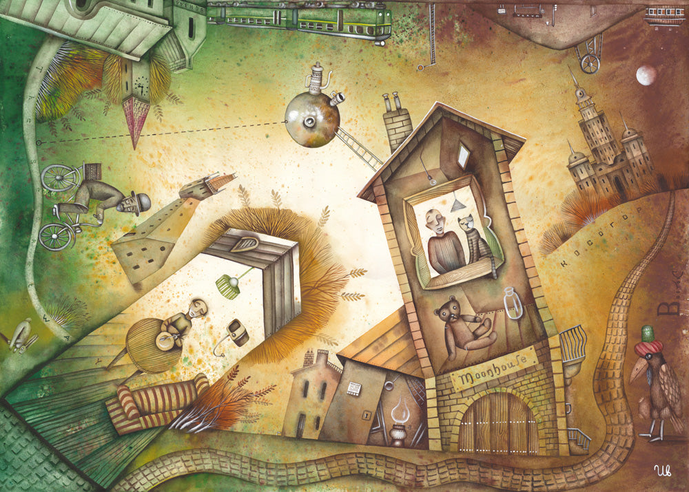 A Country Idyll, a detailed watercolor painting of a surreal townscape with tilted houses, winding cobblestone streets, whimsical figures and floating objects in earthy green and ochre tones, one in a watercolor series.