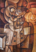 Original cubist portrait oil painting of a gentleman wearing a top hat and monocle, smoking a pipe in warm copper and brown tones.