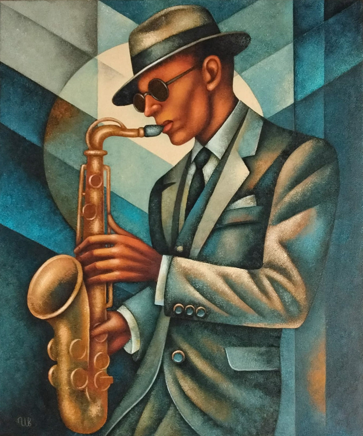 Original teal and copper modern wall art depicting a jazz saxophonist in a vintage suit, fedora and round sunglasses against a geometric background.