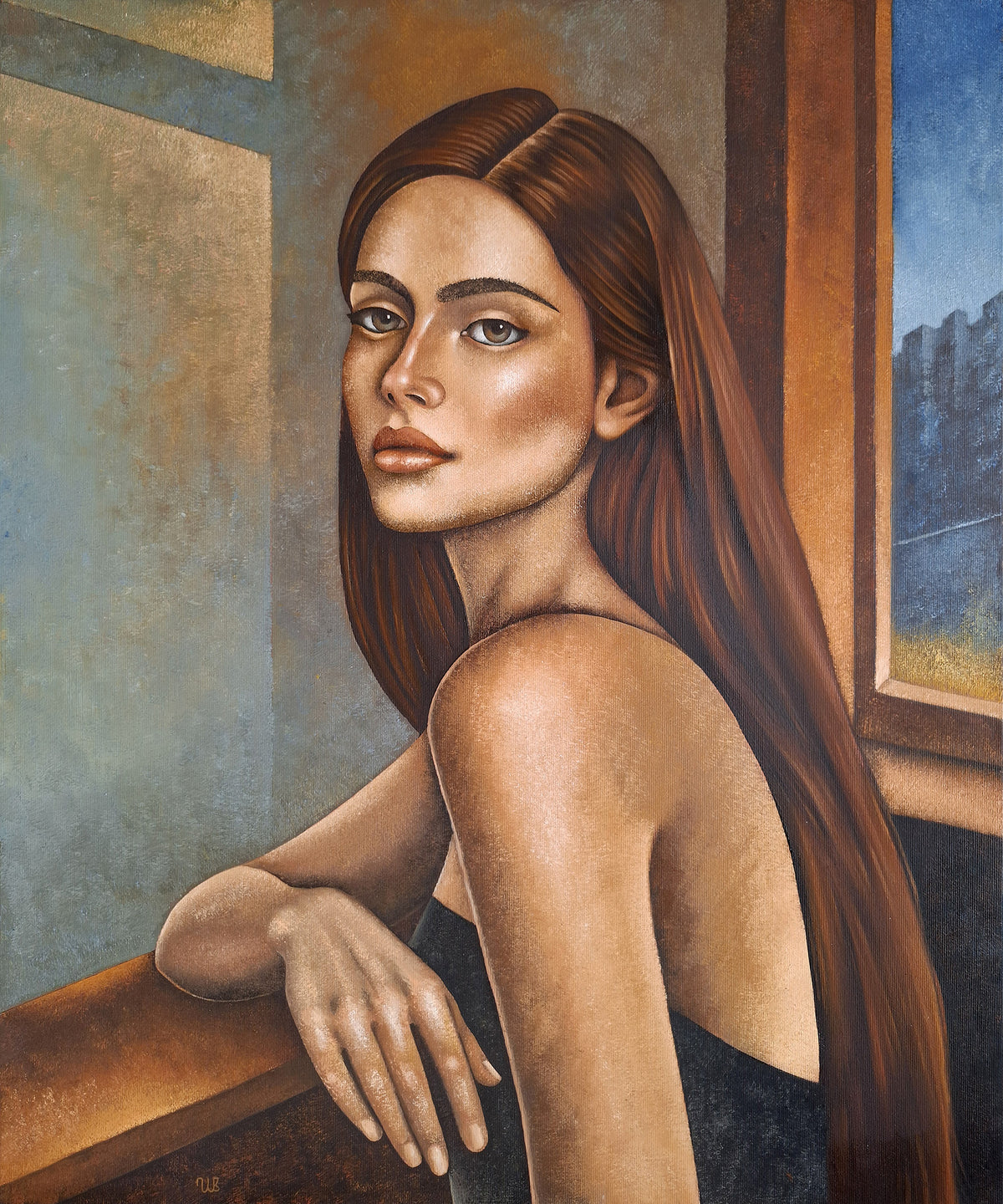 Original figurative portrait oil painting of a beautiful young woman with long brown hair in a black dress, seated beside a window.