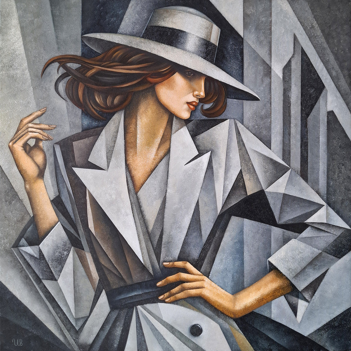 Original female figure oil painting depicting a woman in a wide-brimmed hat and angular grey suit, surrounded by geometric forms.