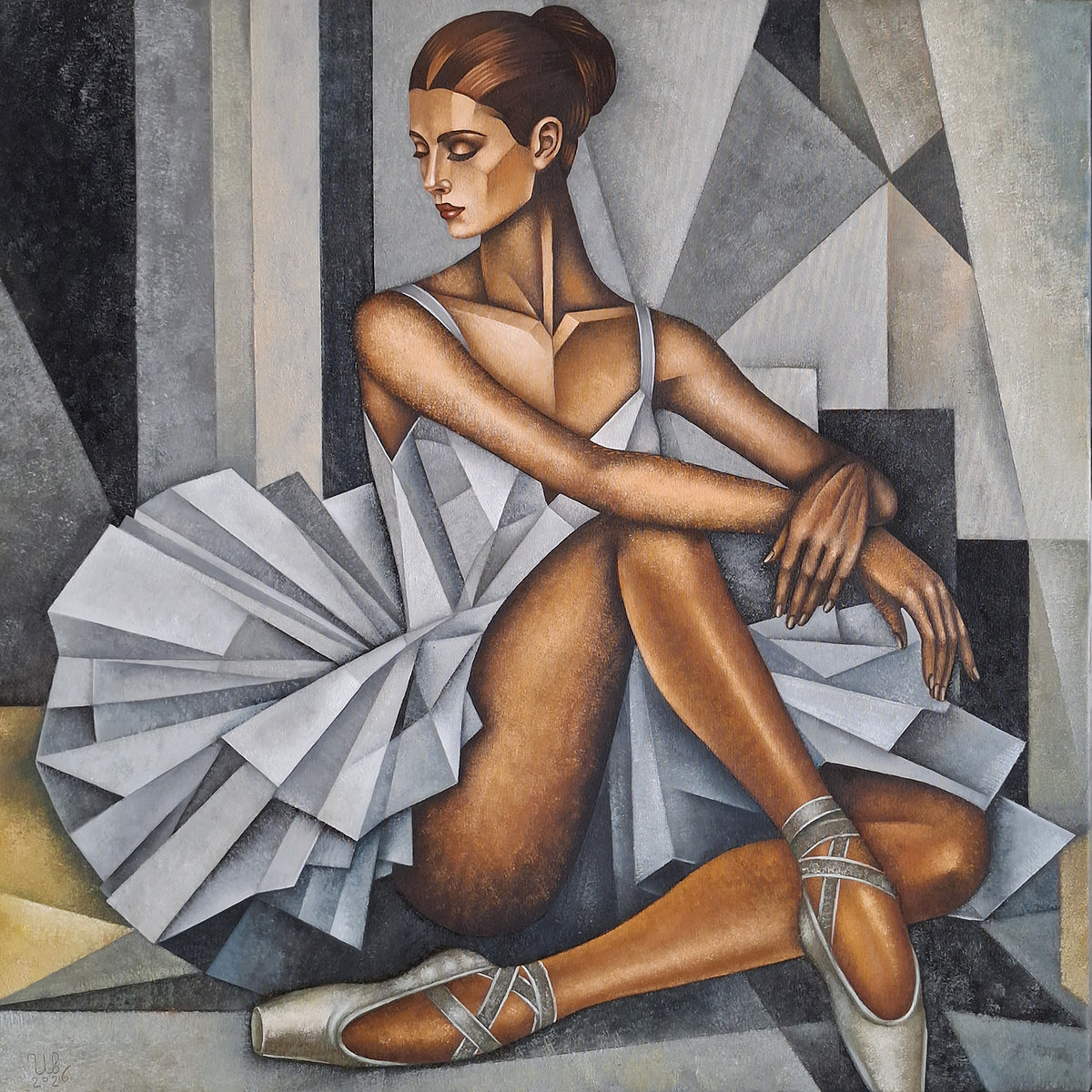 Original large canvas painting of a ballerina depicting a seated dancer in a white geometric tutu and ballet shoes against an abstract grey background.