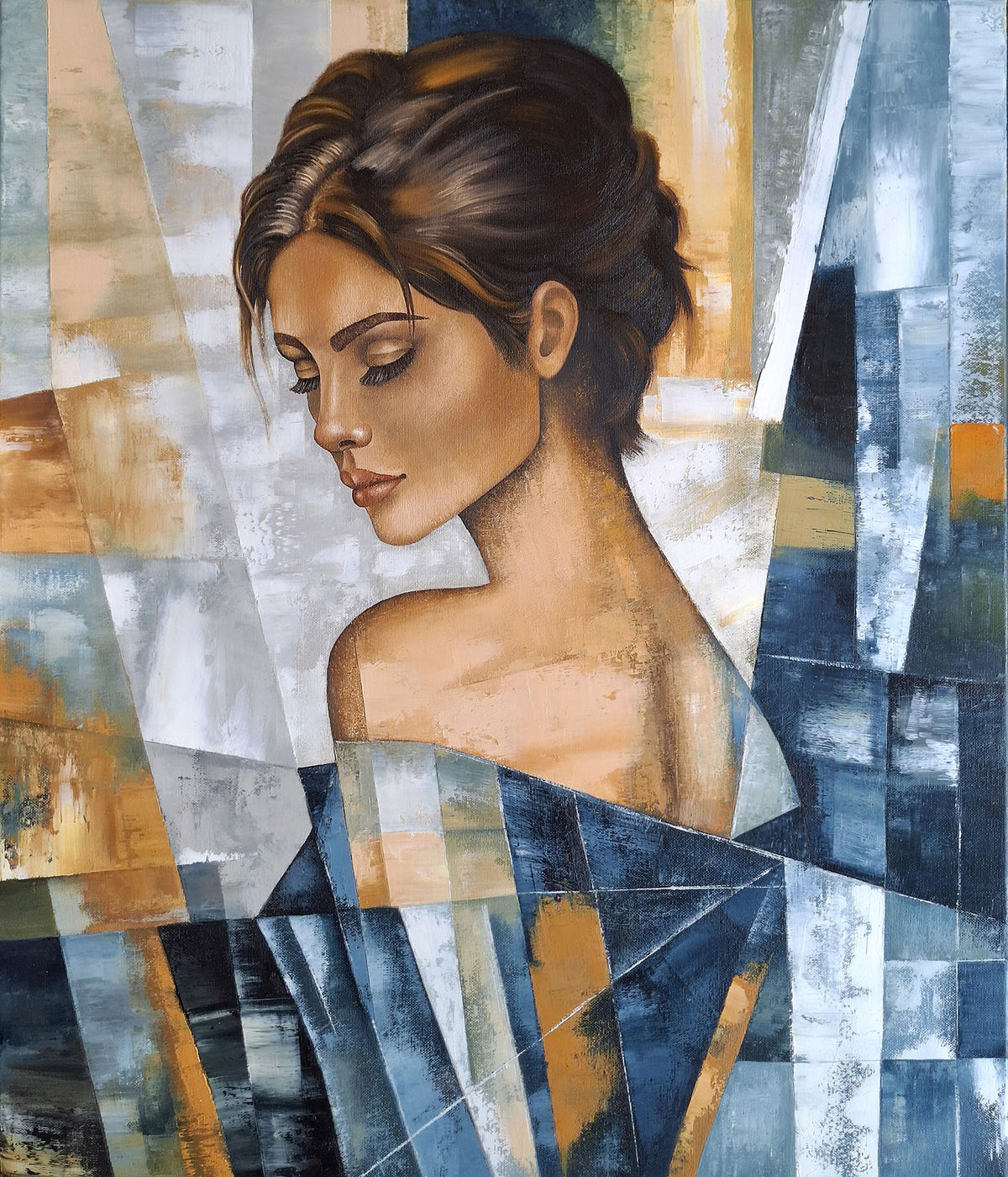 Figurative portrait oil painting of a young brunette woman looking down, against an abstract geometric background in blue and gold.