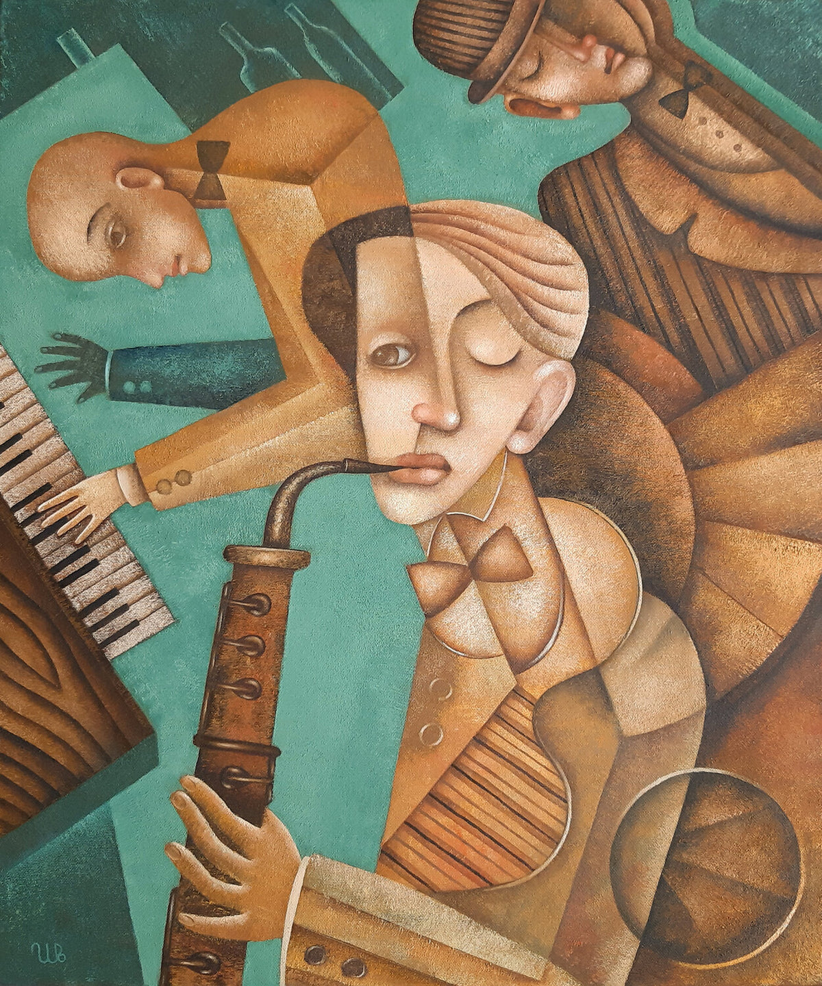 Original teal modern wall art depicting three cubist jazz musicians with a saxophone and piano, dressed in vintage suits against a turquoise background.