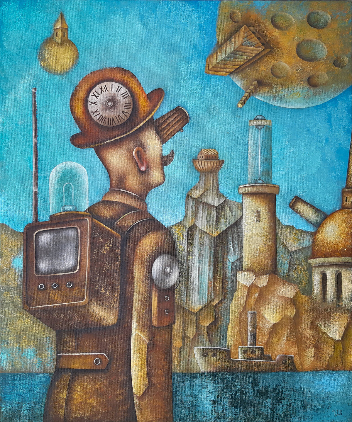 Original surrealist canvas oil painting depicting a steampunk traveler with a clock hat and mechanical backpack overlooking a futuristic seaside city.