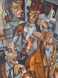 Original jazz music wall art depicting four retro-dressed musicians with a double bass, saxophone and piano in a cubist composition.