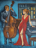 Full-body figurative portrait painting of a musician couple: a man playing double bass and a woman in a long red gown beside a piano.