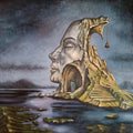 Dreamlike surrealist oil painting of a giant stone face rising from an island, with a staircase, tiny door and bell beneath a cloudy sky.