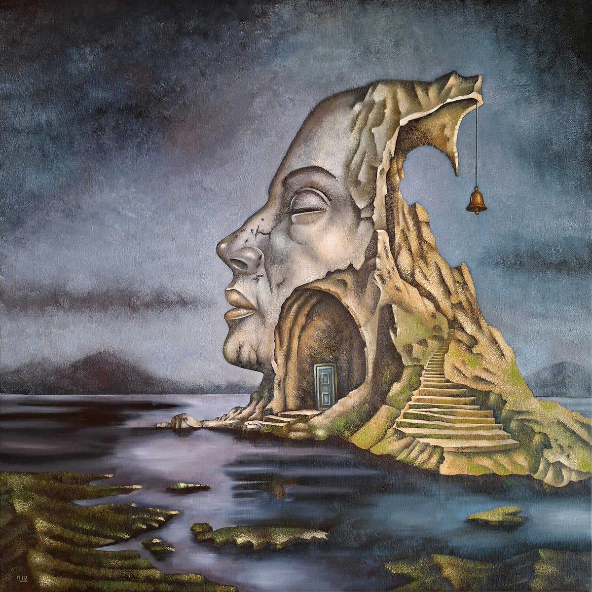 Dreamlike surrealist oil painting of a giant stone face rising from an island, with a staircase, tiny door and bell beneath a cloudy sky.