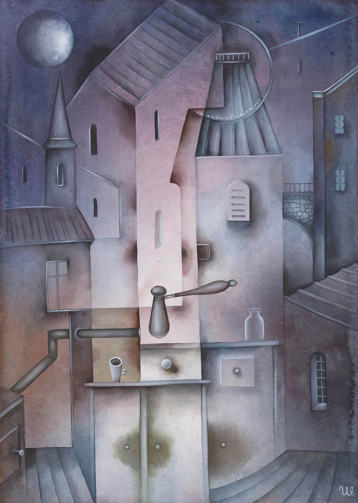 Cityscape watercolor painting After Hours by Eugene Ivanov, showing deserted geometric buildings, a moonlit sky and a surreal arrangement of kitchen objects in blue-grey tones.