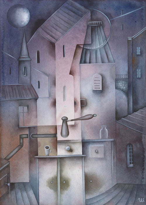 Cityscape watercolor painting After Hours by Eugene Ivanov, showing deserted geometric buildings, a moonlit sky and a surreal arrangement of kitchen objects in blue-grey tones.