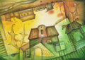 Small White Boats, a detailed watercolor painting of a whimsical waterside setting with tiny boats and imaginative architectural forms, one in a watercolor series.