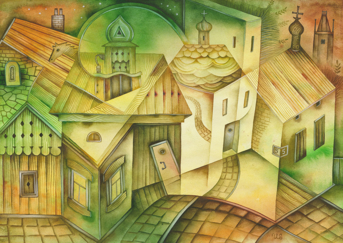 Town of Many Roofs, a detailed watercolor painting of an imaginary village with overlapping rooftops, winding cobblestone streets and onion-domed churches in green and golden tones, one in a watercolor series.