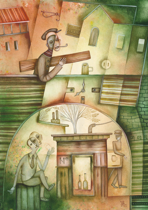Detailed watercolor painting Cold Beer by Eugene Ivanov, depicting three surreal characters among geometric houses, including a man carrying a wooden beam and two figures beside a kiosk.
