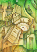 Quiet in the Jewish Town, a detailed watercolor painting of a quiet old town scene with layered roofs, narrow streets, and subtle Jewish architectural symbolism, one in a watercolor series.
