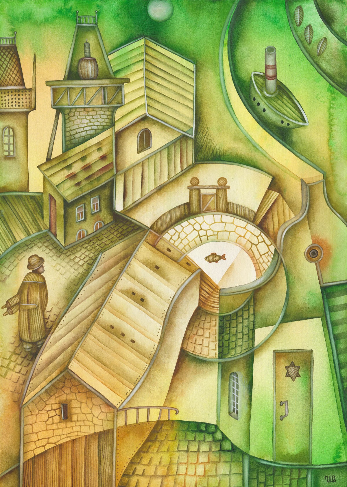 Quiet in the Jewish Town, a detailed watercolor painting of a quiet old town scene with layered roofs, narrow streets, and subtle Jewish architectural symbolism, one in a watercolor series.