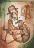 Detailed watercolor painting The Last Glass by Eugene Ivanov, depicting a surreal bowler-hatted gentleman with a pipe, drinking glass and overlapping geometric forms.