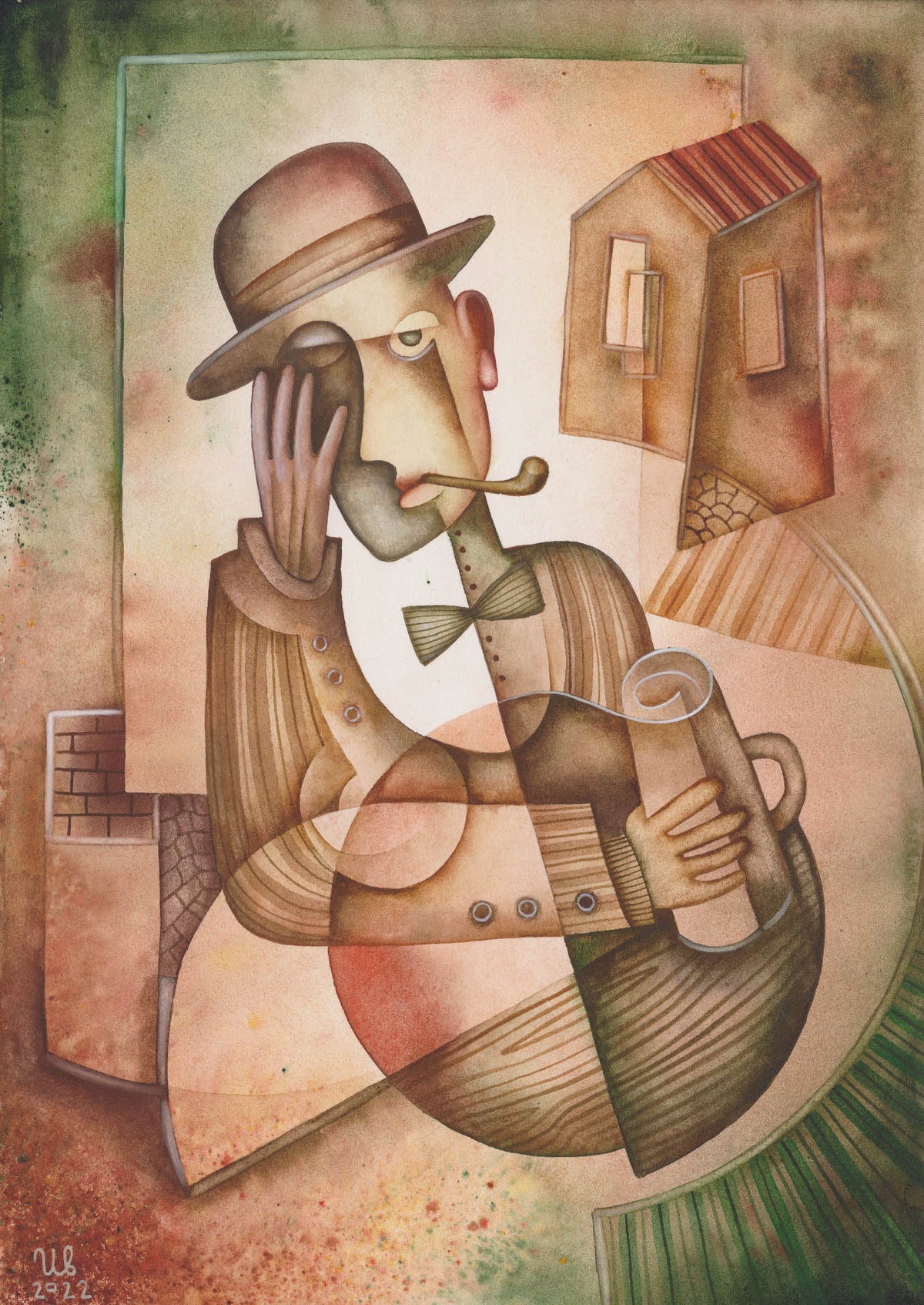 Detailed watercolor painting The Last Glass by Eugene Ivanov, depicting a surreal bowler-hatted gentleman with a pipe, drinking glass and overlapping geometric forms.