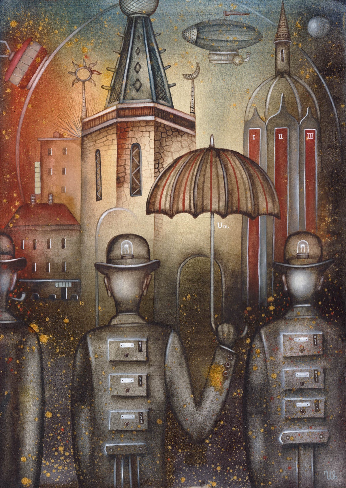 Detailed Magritte-inspired watercolor painting by Eugene Ivanov showing bowler-hatted mechanical figures observing a surreal cityscape of towers, domes and floating celestial objects.