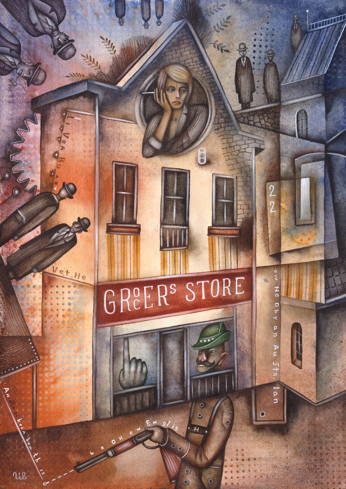 Detailed watercolor painting by Eugene Ivanov depicting an eccentric figure outside a grocer's store, a woman in an upper window and densely arranged buildings in terracotta and blue.