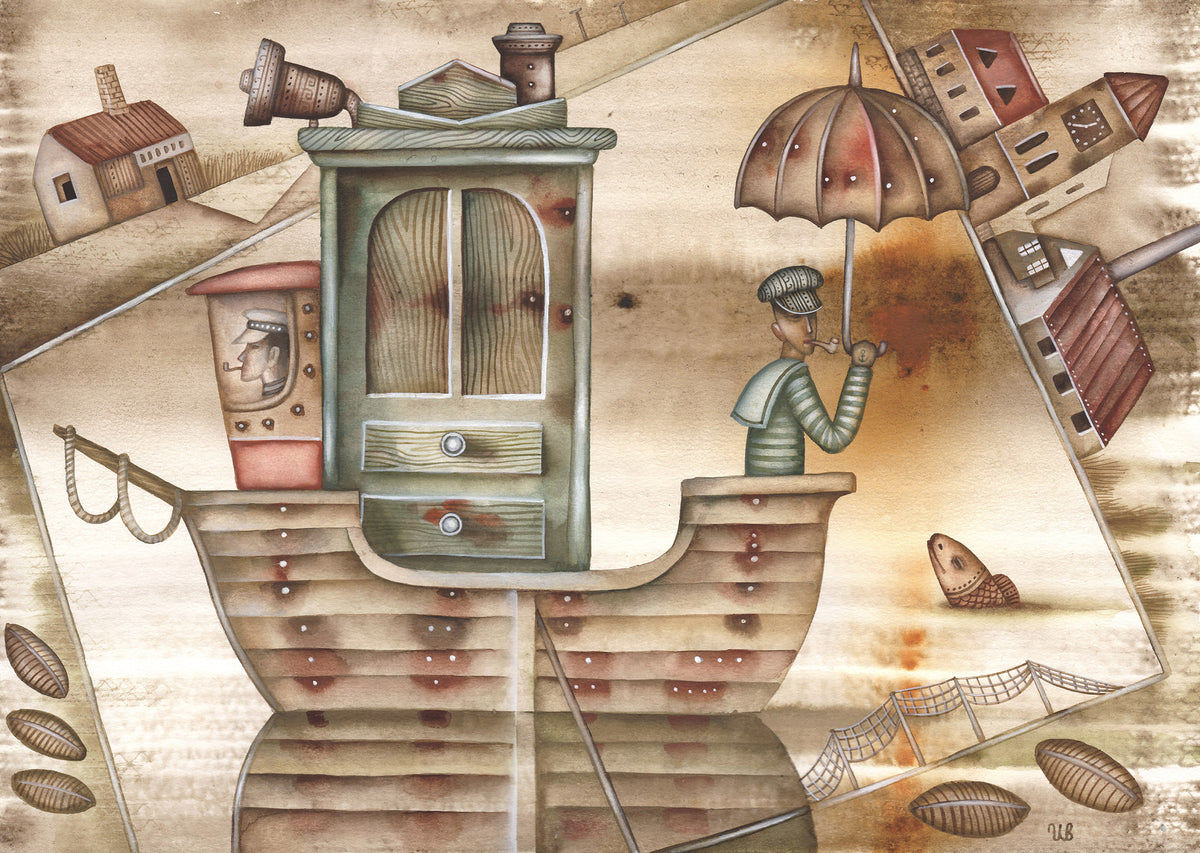 Detailed surreal watercolor painting Ships are Getting Wet at Sea by Eugene Ivanov, showing a wooden boat carrying a cupboard and a pipe-smoking man beneath an umbrella.
