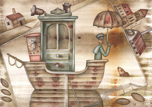 Detailed surreal watercolor painting Ships are Getting Wet at Sea by Eugene Ivanov, showing a wooden boat carrying a cupboard and a pipe-smoking man beneath an umbrella.