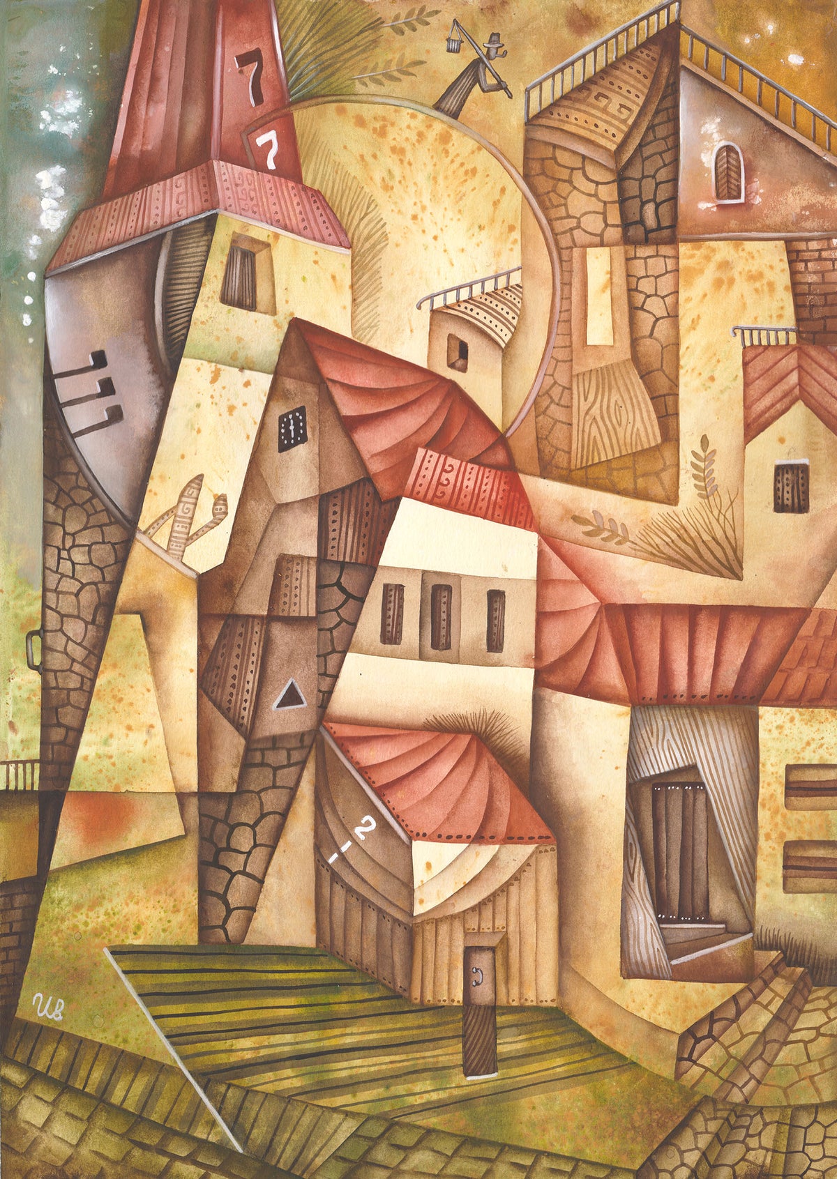 Geometric cubism abstract art in watercolor, The Numbers Lead a Dance by Eugene Ivanov depicts overlapping houses, angular rooftops, stairways and scattered numerals.