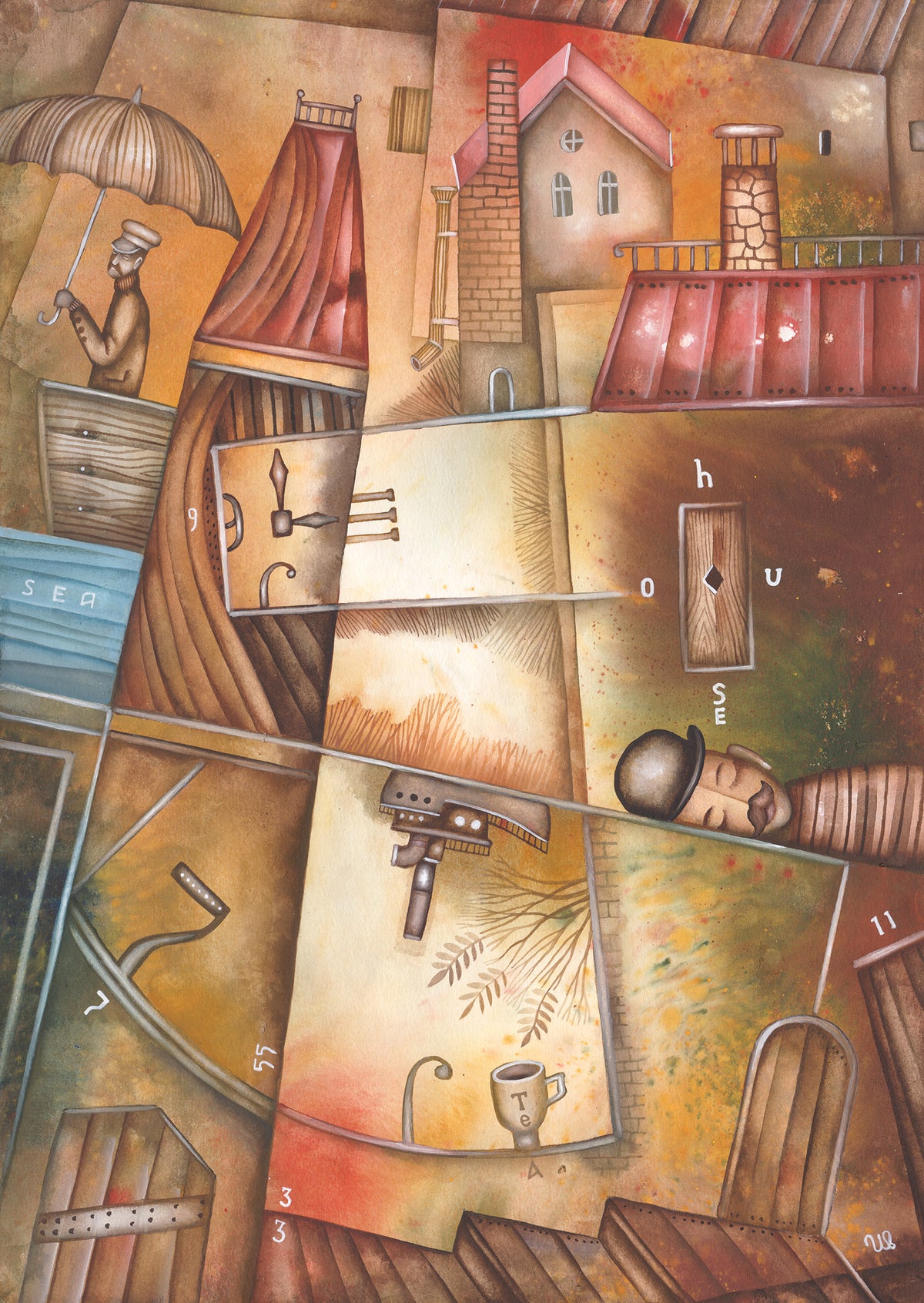 Cubist watercolor cityscape The East Coast of Nap by Eugene Ivanov, featuring fragmented seaside buildings, red rooftops, umbrellas and a sleeping man in a bowler hat.