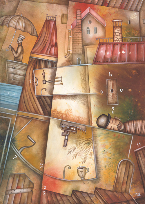 Cubist watercolor cityscape The East Coast of Nap by Eugene Ivanov, featuring fragmented seaside buildings, red rooftops, umbrellas and a sleeping man in a bowler hat.