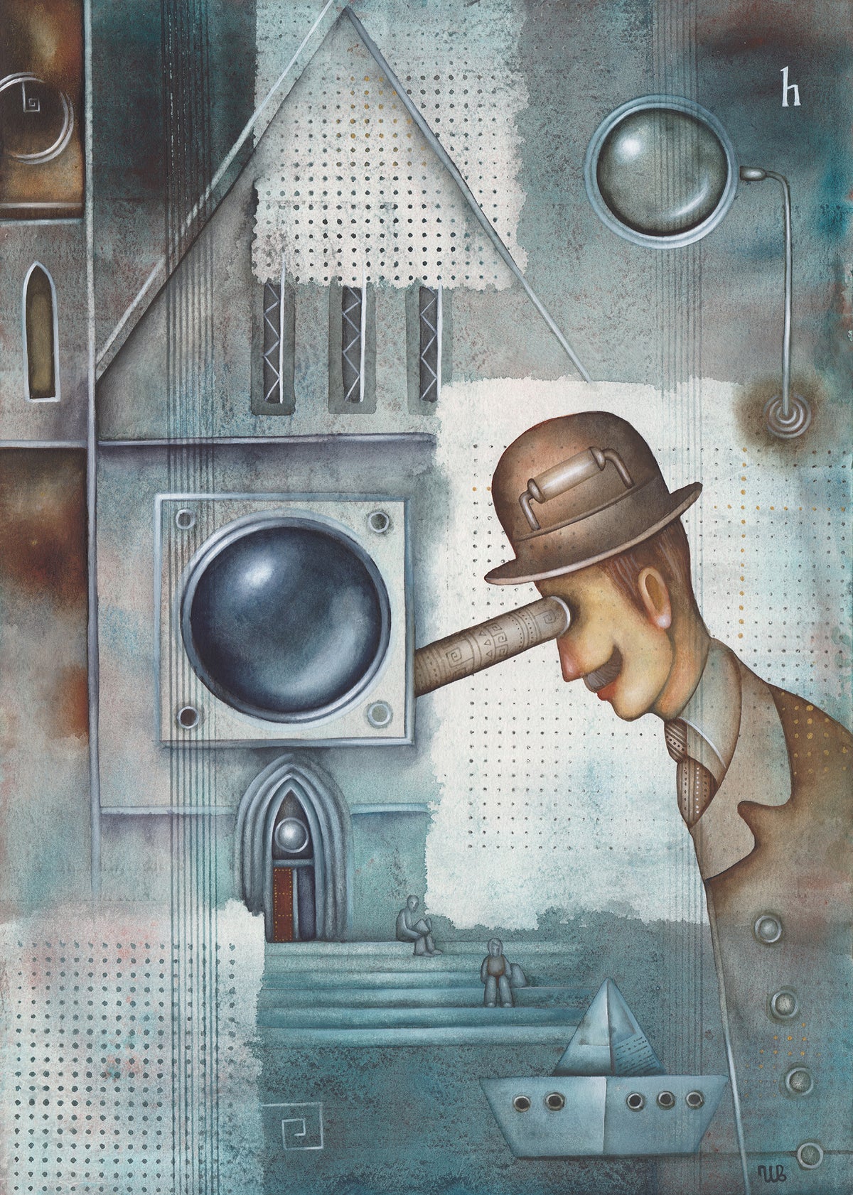 Modern steampunk watercolor artwork by Eugene Ivanov depicting a bowler-hatted man with a long pipe beside an industrial building with circular machinery in blue-grey tones.