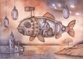 Amazing watercolor painting The New Odyssey by Eugene Ivanov, featuring a mechanical flying fish with a seated passenger above a coastal landscape in soft pink and brown.