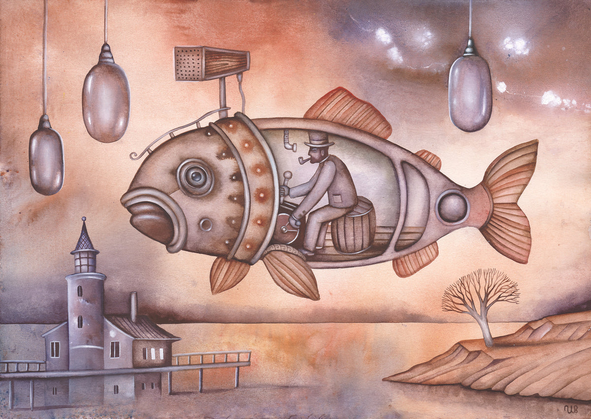 Amazing watercolor painting The New Odyssey by Eugene Ivanov, featuring a mechanical flying fish with a seated passenger above a coastal landscape in soft pink and brown.