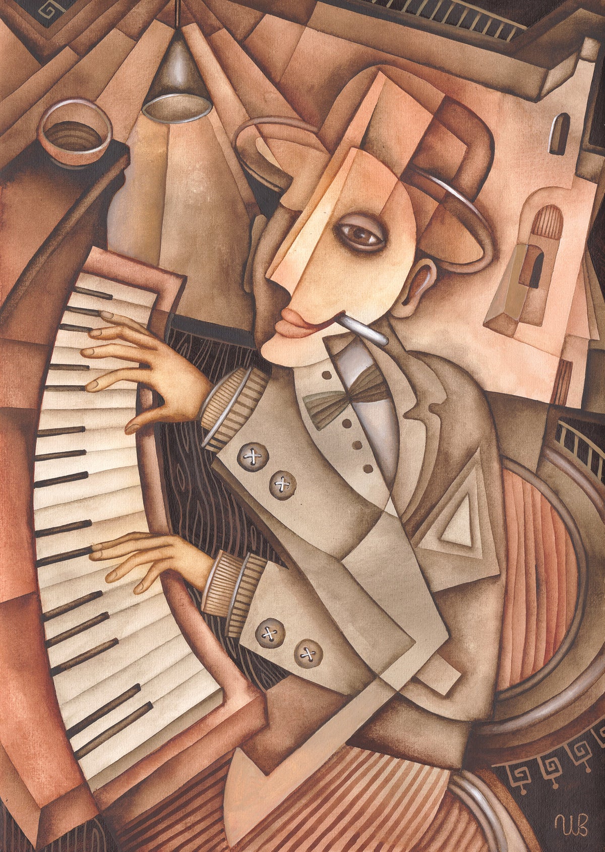 Musician watercolor painting by Eugene Ivanov depicting a surreal pianist in a bowler hat playing a curved keyboard surrounded by overlapping architectural and geometric forms.