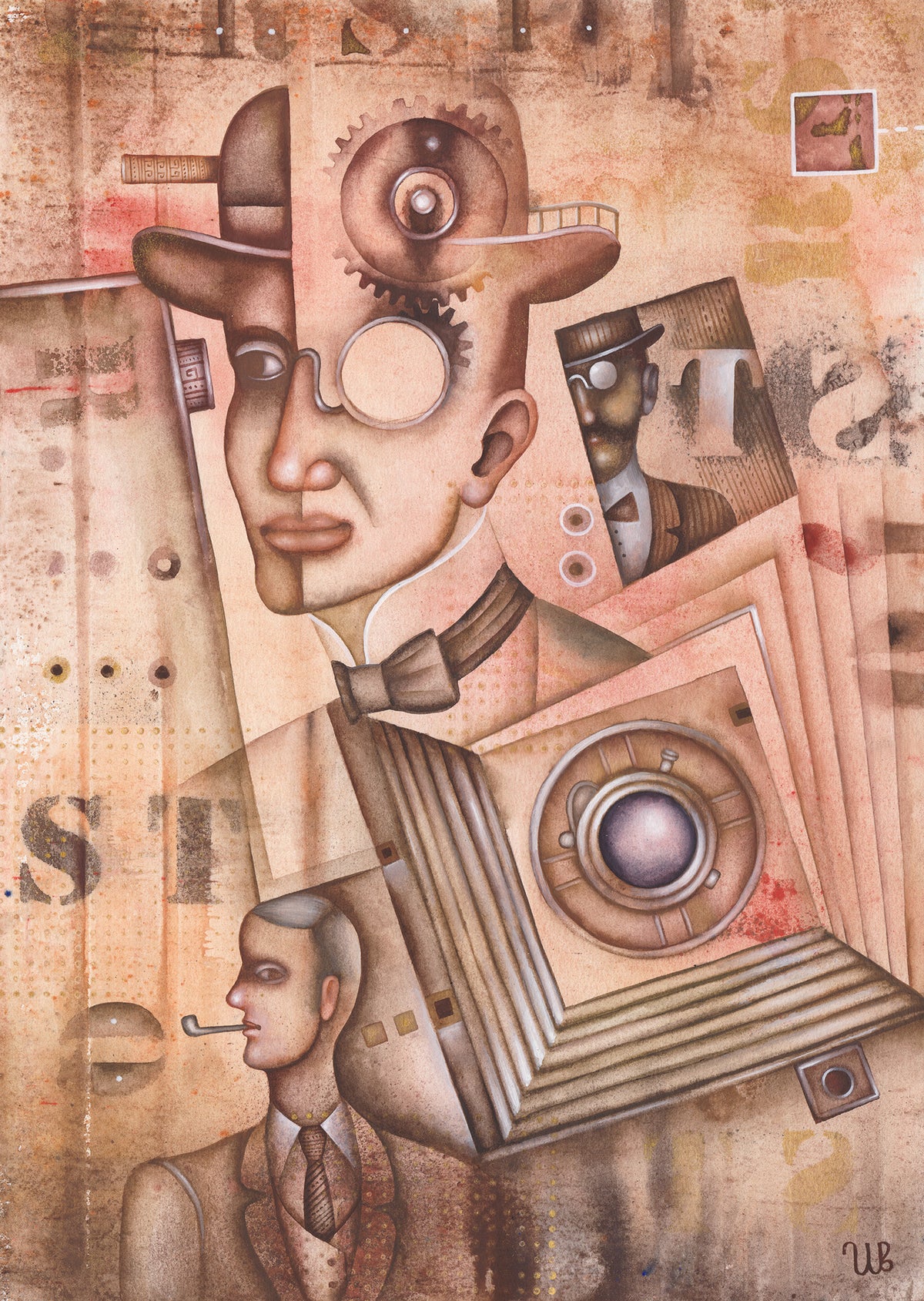Detailed steampunk watercolor painting by Eugene Ivanov showing a surreal mechanical portrait with interlocking gears, a large vintage bellows camera and smaller suited figures.