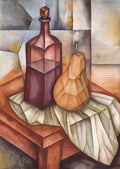 Geometric cubism still life watercolor by Eugene Ivanov depicting a faceted burgundy bottle and golden pear on folded fabric against an abstract architectural background.