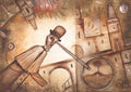 Detailed watercolor painting Observer by Eugene Ivanov, featuring a bowler-hatted man leaning across a surreal cityscape of arches, rooftops and a large clock.