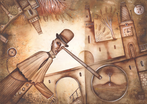 Detailed watercolor painting Observer by Eugene Ivanov, featuring a bowler-hatted man leaning across a surreal cityscape of arches, rooftops and a large clock.
