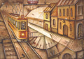 Watercolor cityscape painting Night Lines by Eugene Ivanov, featuring a yellow vintage tram winding through a geometric town of rooftops, stairways and cobbled streets.