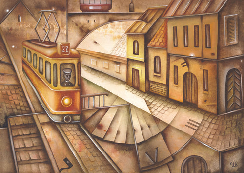 Watercolor cityscape painting Night Lines by Eugene Ivanov, featuring a yellow vintage tram winding through a geometric town of rooftops, stairways and cobbled streets.