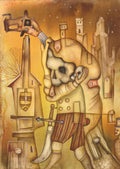 Detailed watercolor painting Hamlet by Eugene Ivanov, depicting a surreal skull-headed figure in striped trousers and a hat, surrounded by medieval towers in golden ochre.