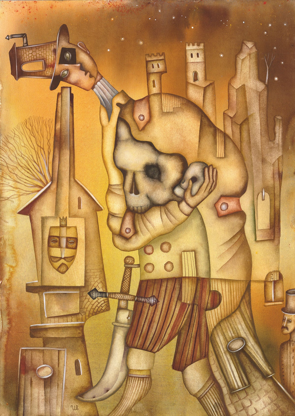 Detailed watercolor painting Hamlet by Eugene Ivanov, depicting a surreal skull-headed figure in striped trousers and a hat, surrounded by medieval towers in golden ochre.
