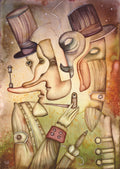 Modern surrealist artwork by Eugene Ivanov featuring overlapping masked faces with elongated noses, elaborate top hats and mechanical details in warm sepia and ochre tones.