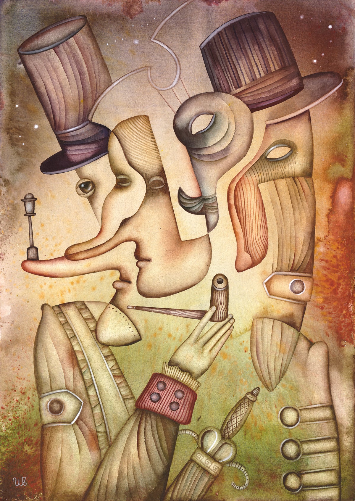 Modern surrealist artwork by Eugene Ivanov featuring overlapping masked faces with elongated noses, elaborate top hats and mechanical details in warm sepia and ochre tones.
