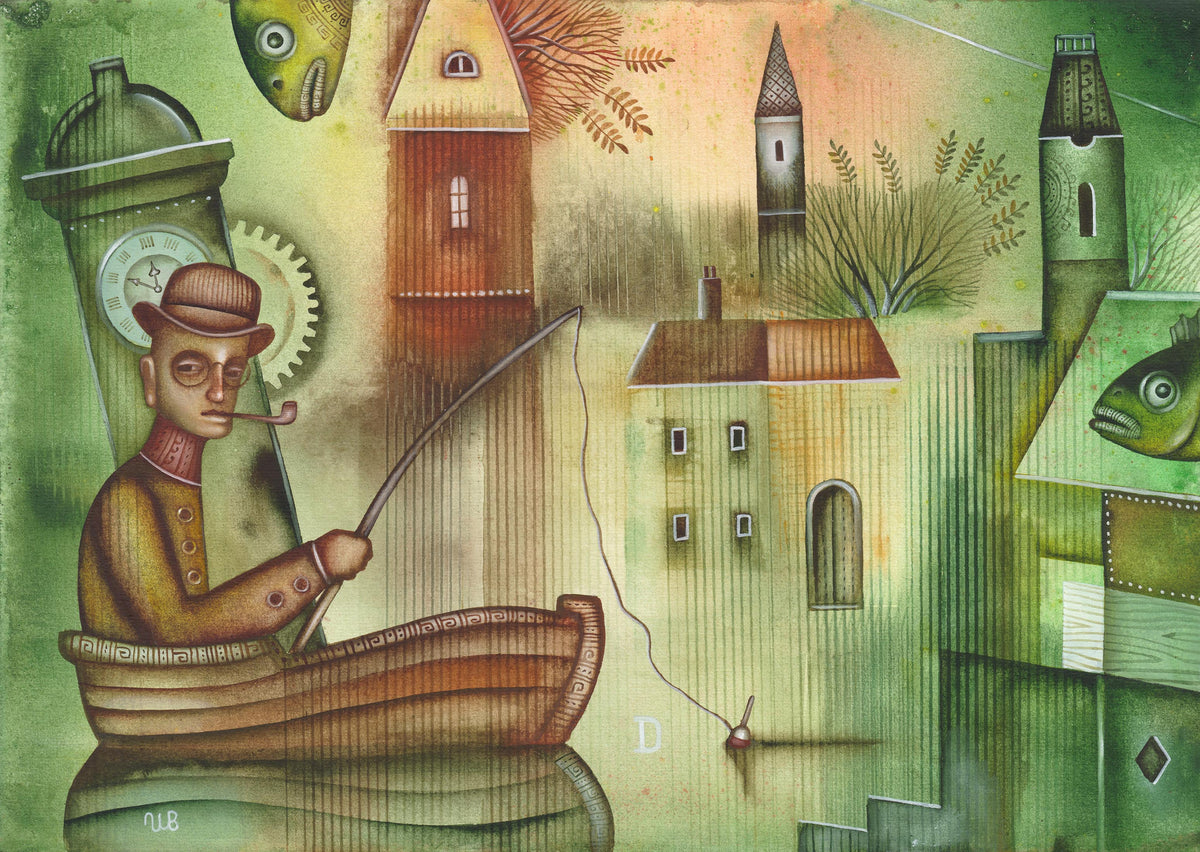 Fishing, a detailed watercolor painting of a man in a small boat fishing beside whimsical town buildings, one in a watercolor series.