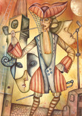 Theatrical watercolor painting by Eugene Ivanov portraying an eccentric pipe-smoking gentleman in an elaborate striped costume and oversized hat against a golden architectural backdrop.