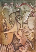 Dreamy watercolor painting by Eugene Ivanov featuring overlapping surreal faces, elongated noses, multiple eyes and fantastical shapes in earthy brown tones.