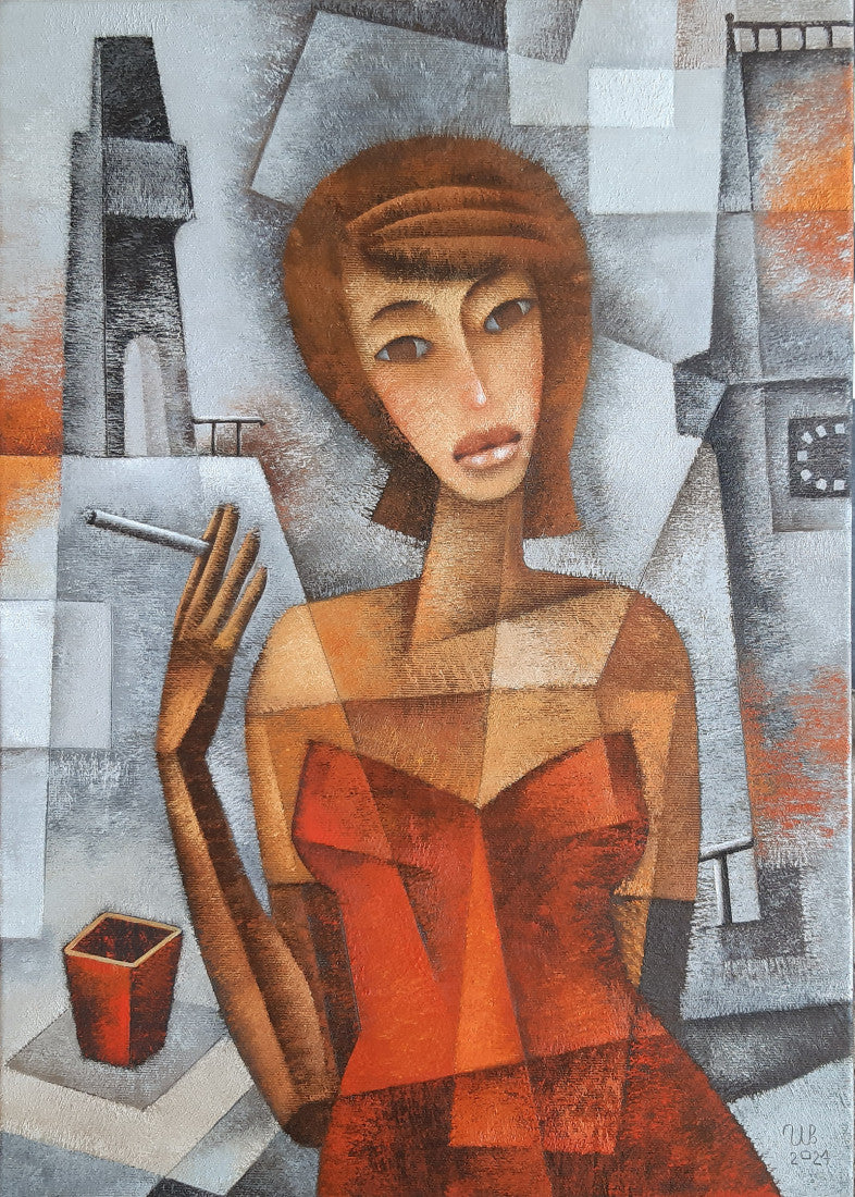 Original female cubism portrait oil painting depicting a red-haired woman in a red dress holding a cigarette against a geometric cityscape.