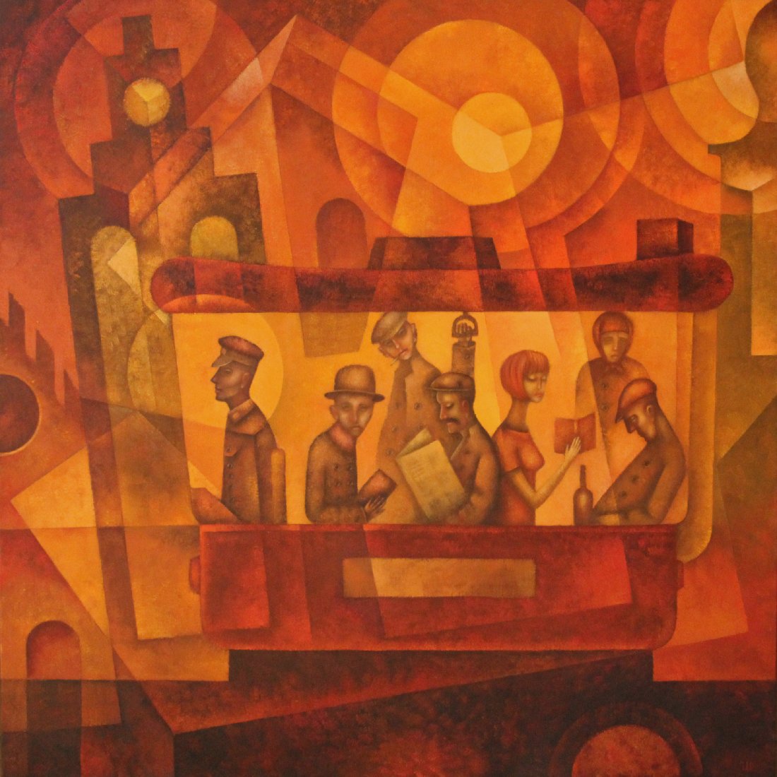 Original large canvas oil painting depicting retro-dressed passengers aboard a vintage tram, in vivid orange and red geometric forms.