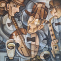 Original jazz band oil painting depicting three retro-dressed musicians playing double bass and saxophone in a geometric cubist composition.