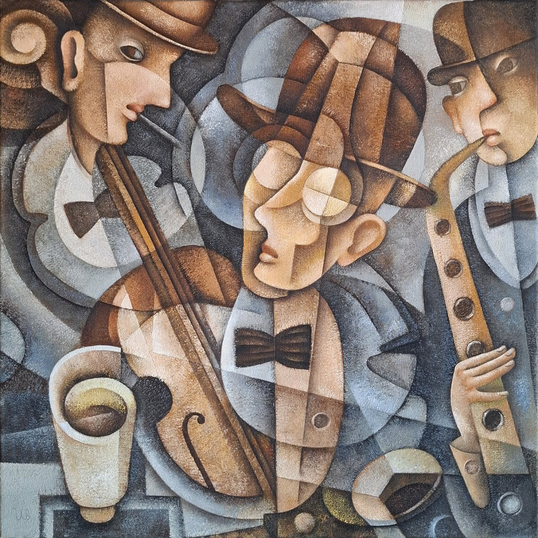 Original jazz band oil painting depicting three retro-dressed musicians playing double bass and saxophone in a geometric cubist composition.